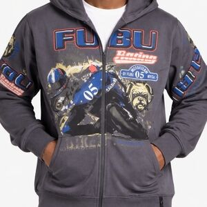 FUBU Racing Hoodie Y2K Full Zip Graphic Motorcycle Streetwear Size XL